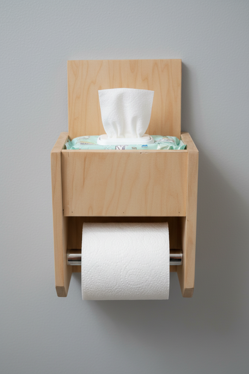 Wooden holder with wipe sticking up out of package