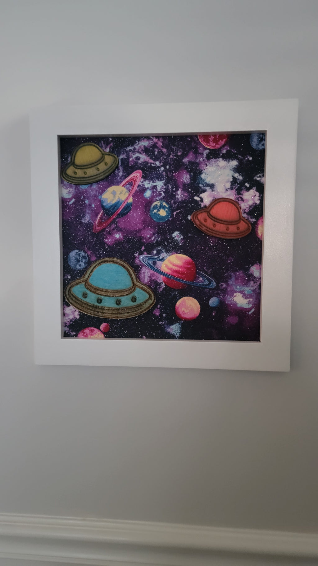 Outer Space Wall Art — Glow in the Dark, Hand Painted, Fabric Background, 12x12, White Frame