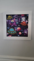 Outer Space Wall Art — Glow in the Dark, Hand Painted, Fabric Background, 12x12, White Frame