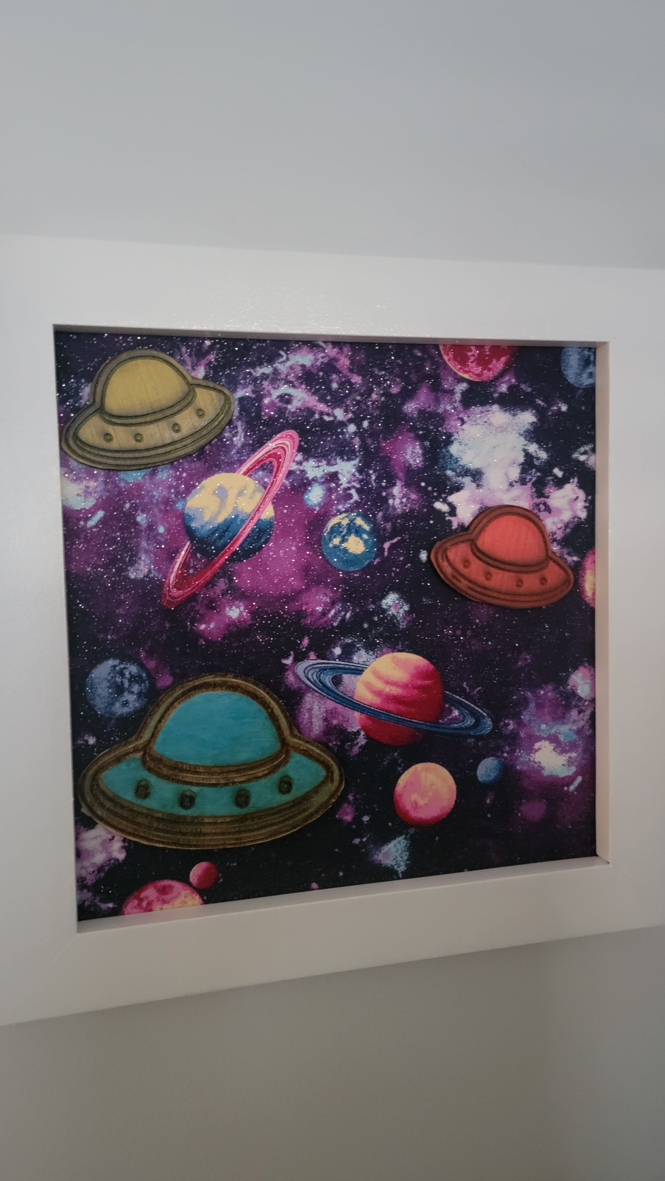 Outer Space Wall Art — Glow in the Dark, Hand Painted, Fabric Background, 12x12, White Frame