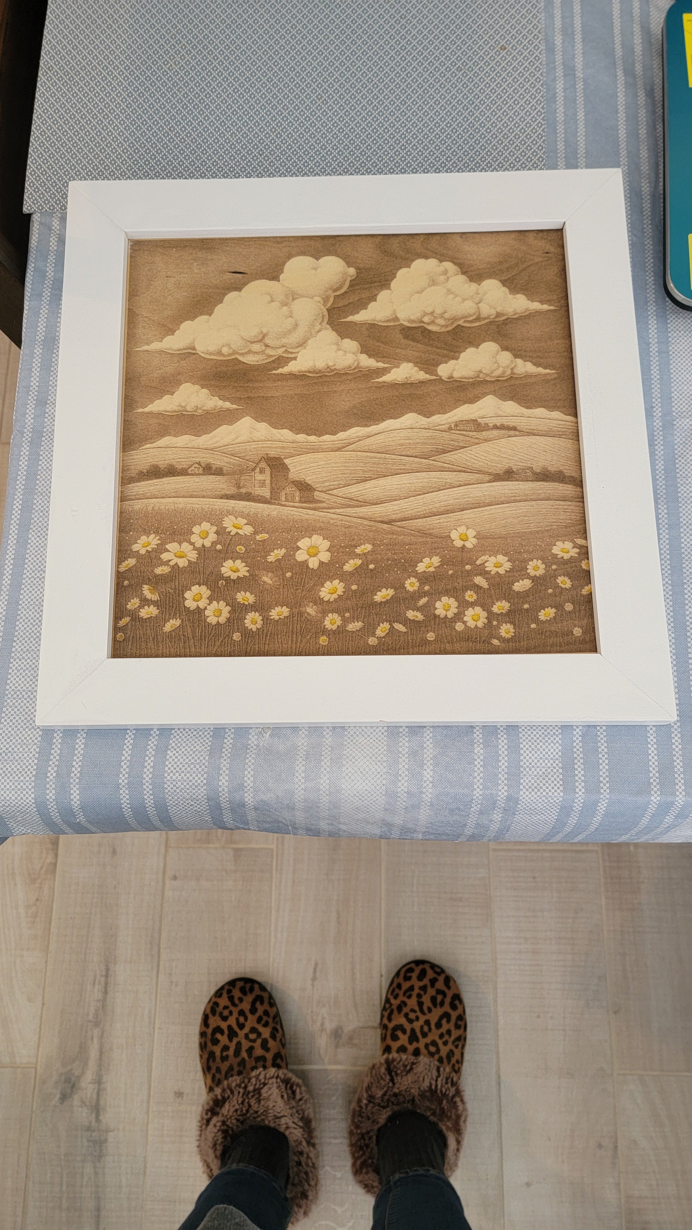 Laser-Engraved Daisy Field Wall Art — 14x14 White Frame with Hand-Painted Accents