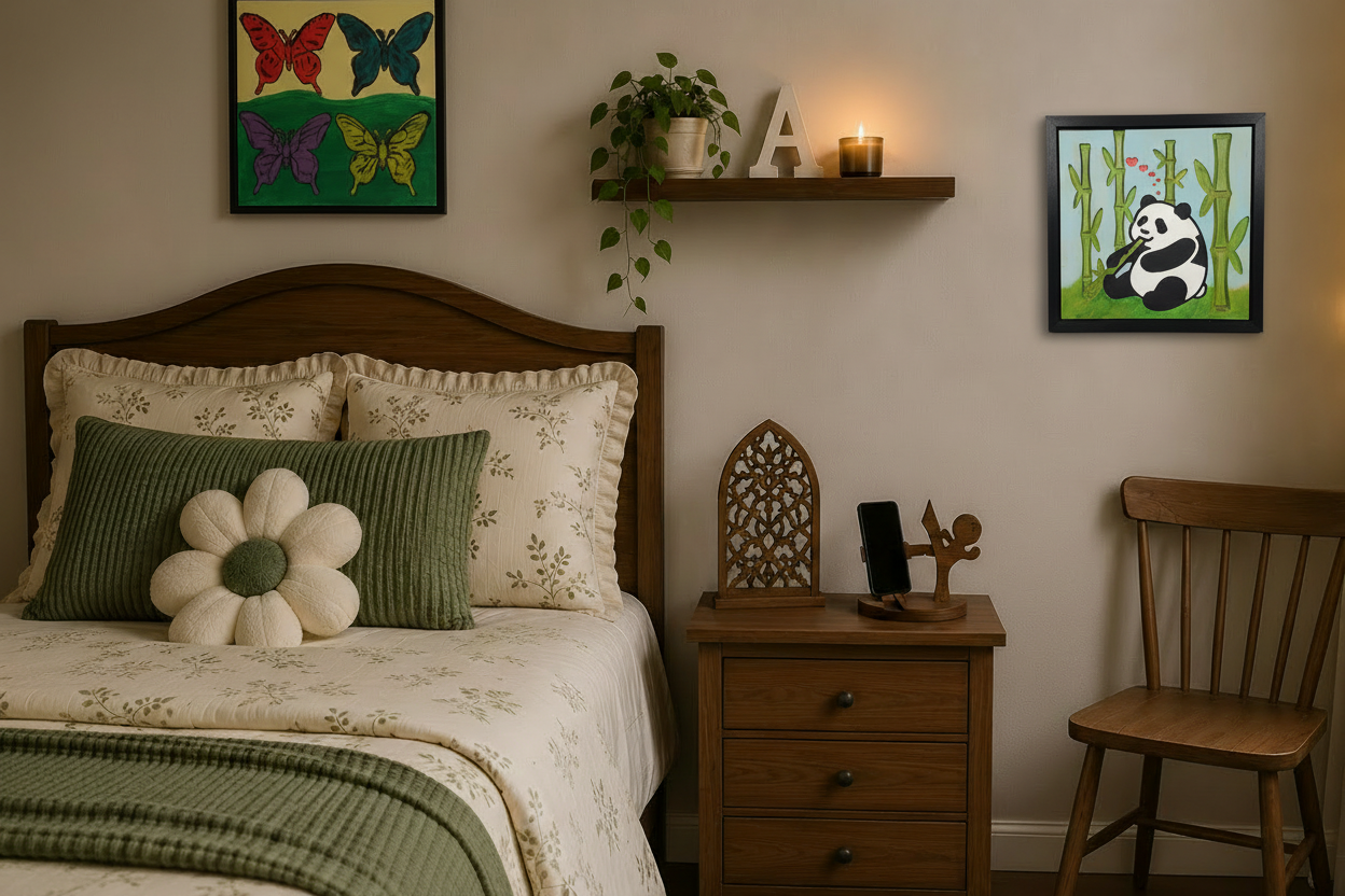 Bedroom with larger panda over chair