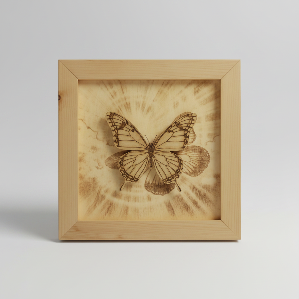 Laser-engraved floating butterfly wall art with gray background