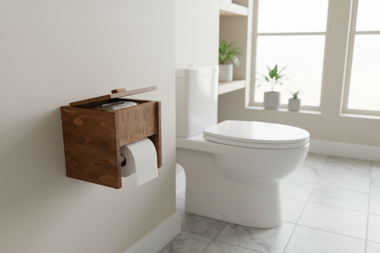 Mahogany Holder Mounted Right Next to Toilet
